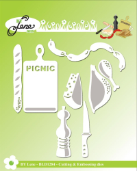 Billede: skære/prægeskabelon kylling, pølser, ost, flute, skærebræt, kniv og peberbøsse til en picnictur, BLD1284 By Lene Die Cut/Emb, Picnic, førpris kr. 88,- nupris